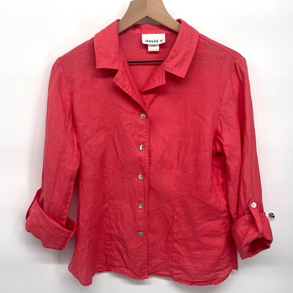 Vintage David N 100% Linen Size Small Womens Button Shirt Roll Tab Sleeves Coral - Picture 2 of 6